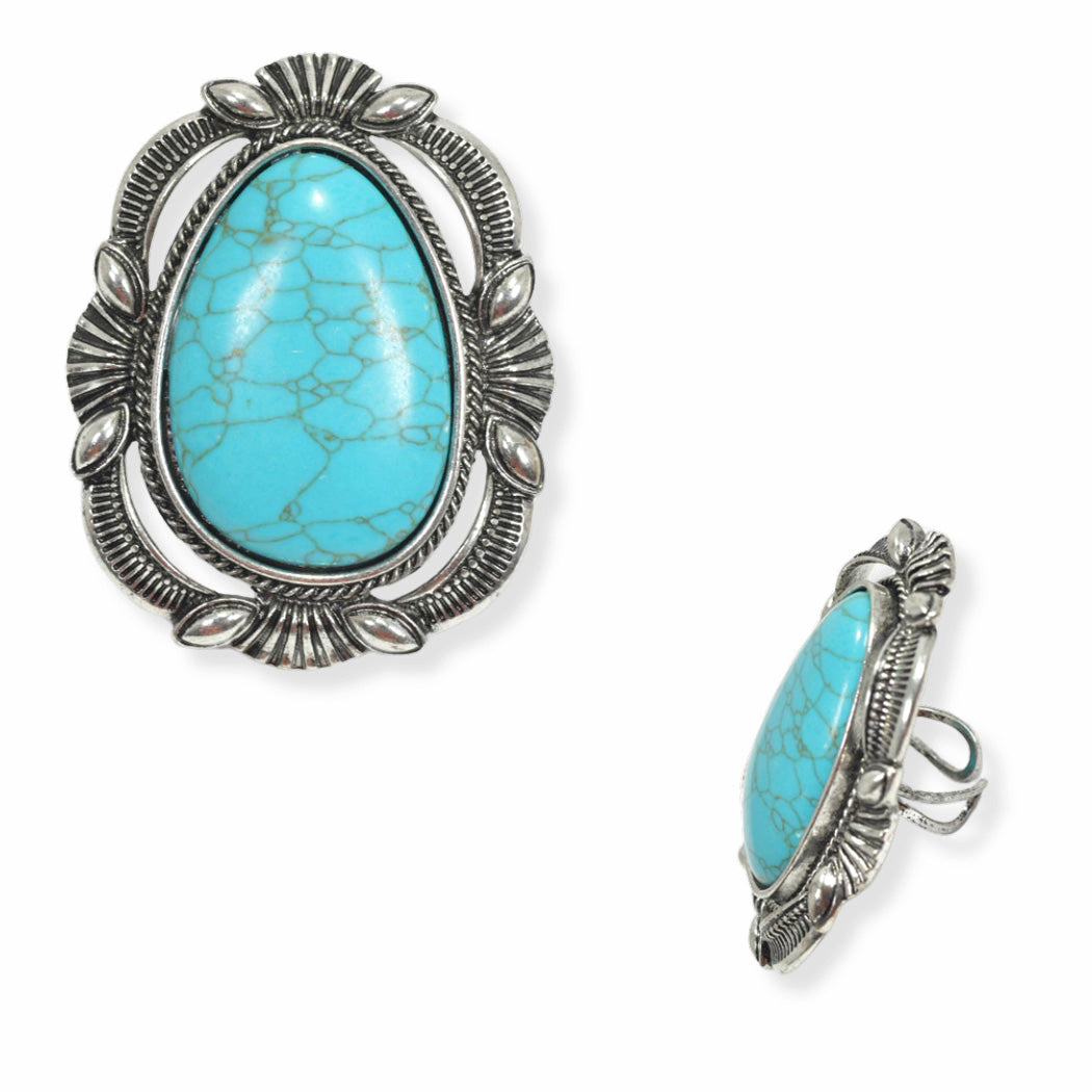 Silver Burnished, western turquoise stone cuff ring