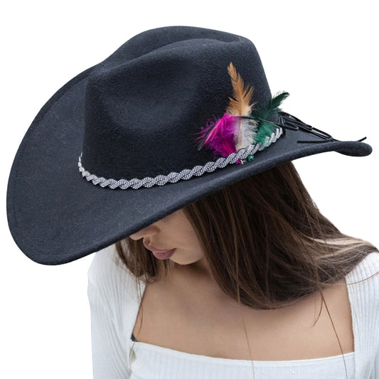 Black, feather accent pave crystal rhinestone twisted band fedora hat