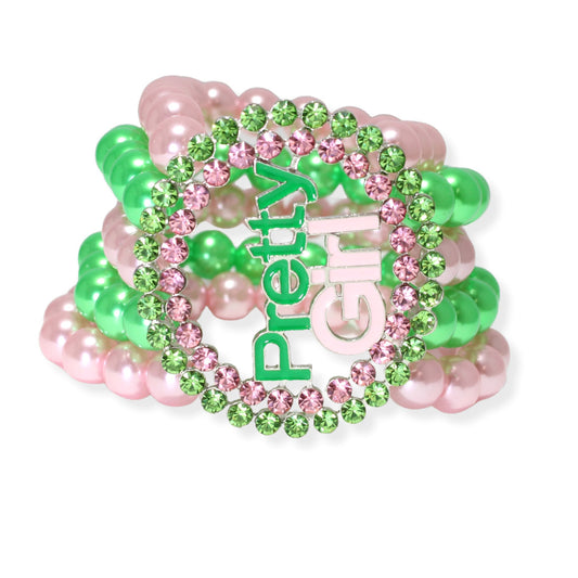 Pink/Green "Pretty Girl" rhinestone with pearl stretch bracelet