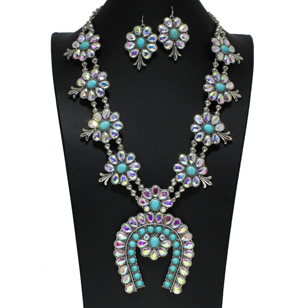 Western Rhinestone with Turquoise Stone Accent Squash Blossom Statement Necklace