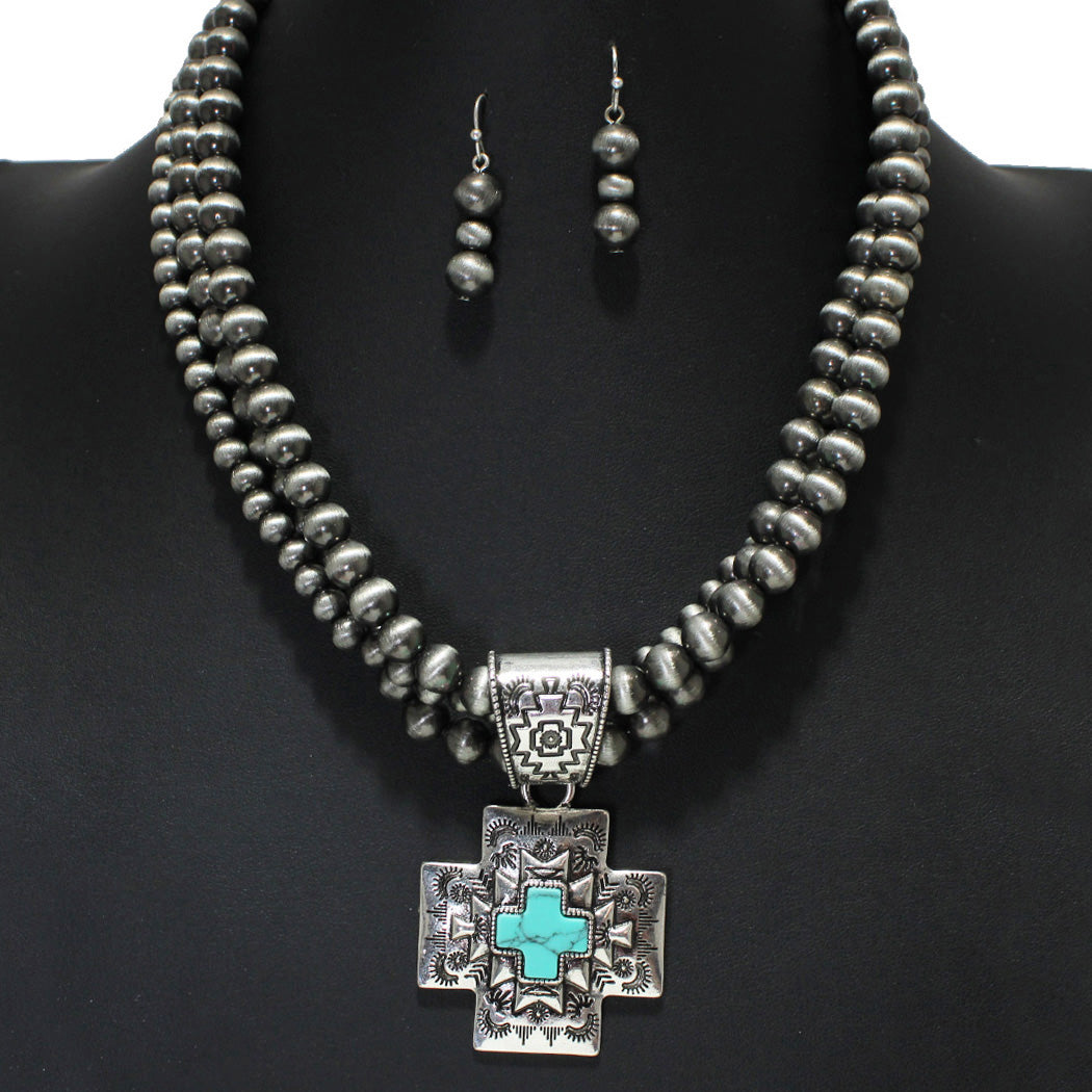 Silver Burnished Turquoise, western cross pendant with multi layered navajo beaded necklace